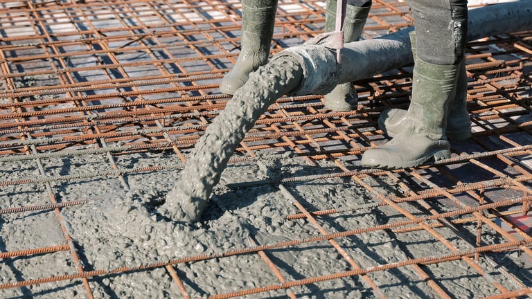 Concrete being poured over steel reinforcement grid during construction.